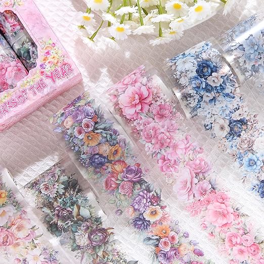Floral Washi Tape Set, 6 Rolls Wide Aesthetic Decorative Flower Tape for Journaling, Scrapbooking, Bullet Journal, Junk Journal, DIY Crafts and Gift Wrapping (Floral)