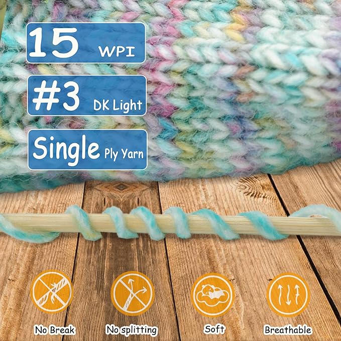 2 Pack Wool Blend Yarn, 2x3.5oz / 285yds, #3 DK, 20% Wool 80% Acrylic, Variegated, Single-Ply Soft Crochet & Knitting Wool Yarn for Sweaters, Scarves, Hats (Bluebell Dream)