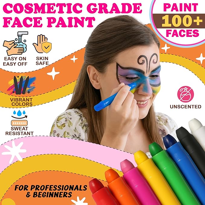 Jim&Gloria Face Paint Kit with Stencils, 12 Large Professional Face Painting Kit for Kids Party Makeup, Facepaint Washable Body Paint for Adults Skin Color Crayons, Girls Christmas Gifts, Crafts Toys
