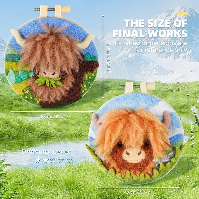 Needle Felting Kit,Embroidery kit for Beginners,Punch Needle Kits Adults Beginner,Punch Needle kit for Beginners, Includes All Tools and Materials,Easy to Follow Instructions and Videos(Highland Cow)