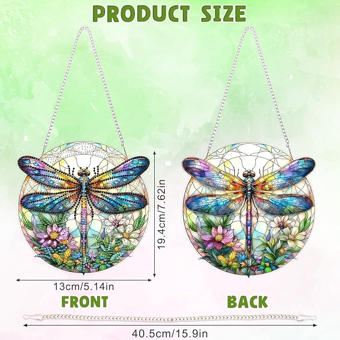 DOMROM Flowers Dragonfly Diamond Art Hanging Kit for Adult, Special Shaped Rhinestone, 5D Diamond Art Painting Window Pendants, Home Wall Art Hanging Kits, Double Sided Hanging Ornament 5.1x7.6in
