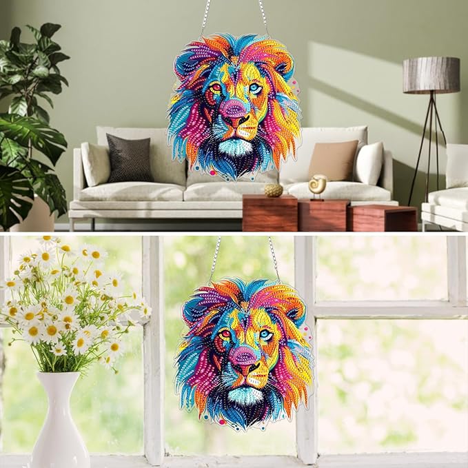 MXJSUA Diamond Art Hanging Kits for Adults Beginners, Colorful Lion DIY Acrylic Special Shaped Crystal Diamond Gem Art Pendant Drills Painting Ornament for Home Wall Decor and Gift