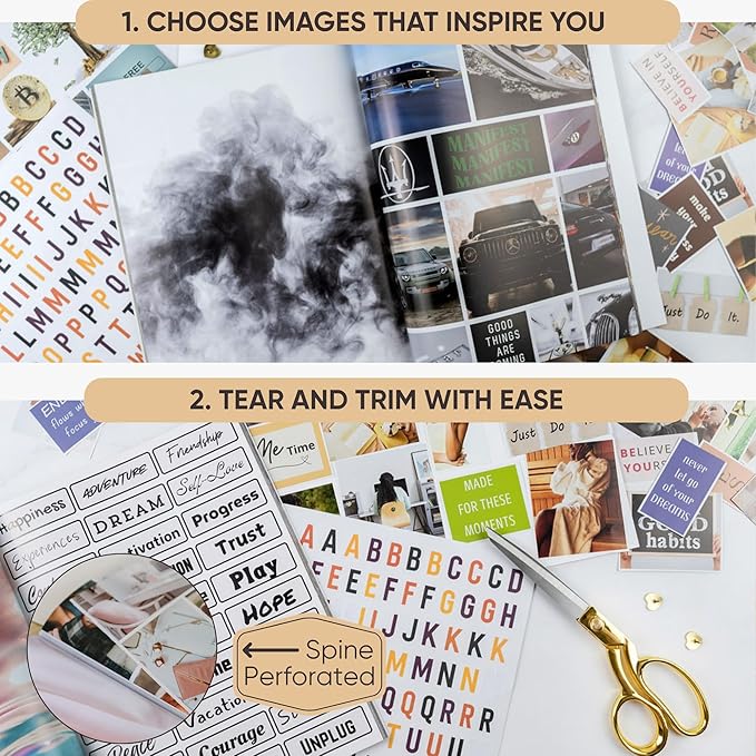 Vision Board Book for Black Women | 1000+ Vision Board Supplies, Pictures, Quotes & Letter/Number Stickers | Magazine-Style Clip Art Collage Book for Goal Setting & Manifestation