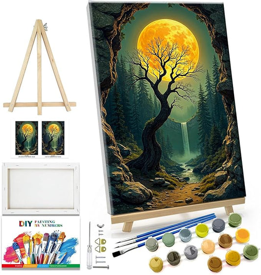 JOOZ Paint by Numbers Kit for Adults with Frame Moon Paint by Number with Easel Tree Adult Paint by Number Kits Framed Canvas Mountain Waterfall Oil Painting Kits for Gift Home Wall Decor 8x12 Inch