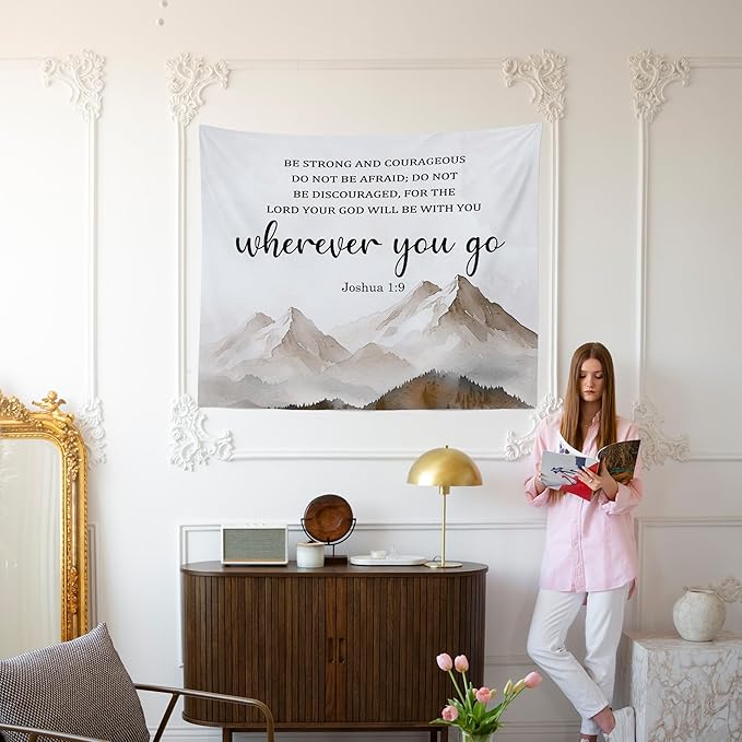 MNASAIOO Christian Mountian Lord Wall Tapestry Hanging for Bedroom, Bible Verse Scripture Joshua 1:9 Tapestries, Watercolor Religious Wall Decor Banner for Living Room Prayer Room Church 50x60in
