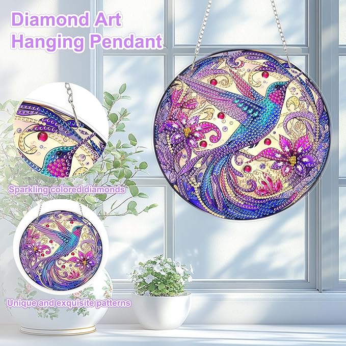 TOSTOG Hummingbird Diamond Art Hanging Kits for Adults, Hummingbird Diamond Painting for Adults Window Pendant,Special Shape Diamonds Diamond Painting Hanging Pendant Kit for Wall Home Decor Gift