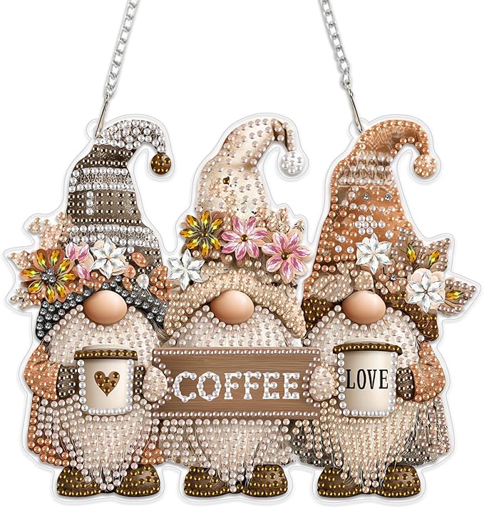 MEIYUDA Gnomes Diamond Art Hanging Kits for Adult, Coffee Gnomes Diamond Painting Hanging Kits Ornaments, DIY Special Shaped Rhinestone Window Pendants kit for Home Garden Wall Decor Gift
