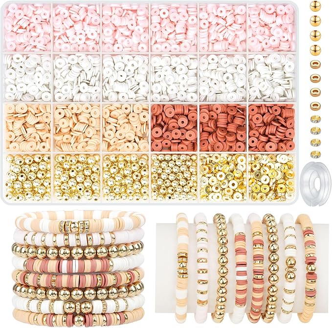 Gionlion 3000 Pcs Easter Basket Stuffers Clay Beads for Bracelets, Bracelet Making kit Golden Beads for Jewelry Making, Charms Bracelet Kit DIY Arts and Crafts Birthday Easter Gifts