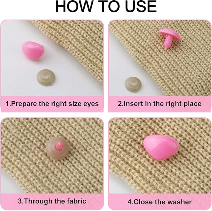CustomyLife 32pcs Safety Noses for Amigurumi, 4 Sizes Plastic Craft Doll Noses with Washers, Flocking Stuffed Noses for Crochet Puppet Plush Toy Accessories- Black & Pink