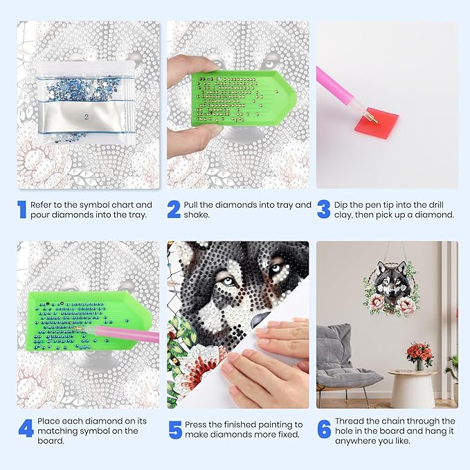 MXJSUA Dreamcatcher Wolf Flower Diamond Art Hanging Kits for Adults Beginners, DIY Acrylic Special Shaped Crystal Diamond Gem Drills Pendant Art Painting Ornament for Home Wall Decor Gift