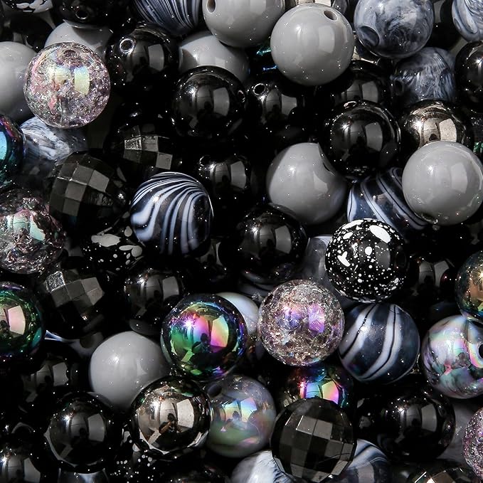 16mm Acrylic Bead 100pcs Black Focal Spacer Bead Chunk Bubblegum Beads for DIY Crafting Necklace Bracelet Jewelry Making Keychain (Black)