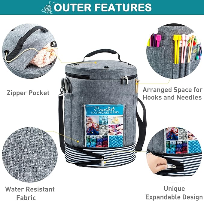 Expandable Yarn Storage Organizer, Crochet Bag & Yarn Tote with Zipper Closure, Yarn Holder for Crocheting and Knitting for Yarn Skeins, Hooks, Needles, Accessories – Gift for Crafters