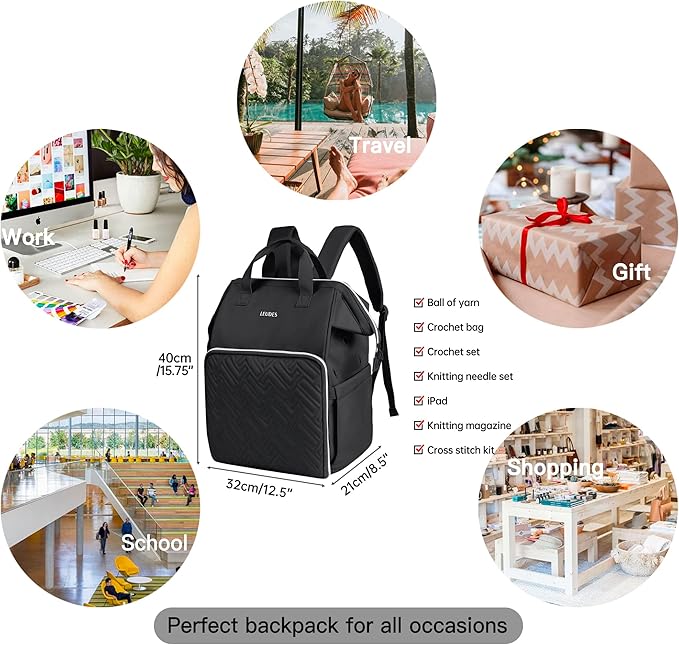 Leudes Knitting Bag Backpack,Yarn Storage Organizer Large Crochet Bag Tote Christmas Gift Yarn Holder Case for Carrying Projects,Knitting Needles (Black)