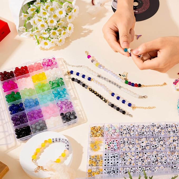 Goldwise Friendship Bracelet Kit - 2 Boxes with 24 Colors Glass(8mm) and Letter Beads (A-Z) for Jewelry Making, Varieties of Charms, Bracelet Making Kit, DIY Crafts for Gifts
