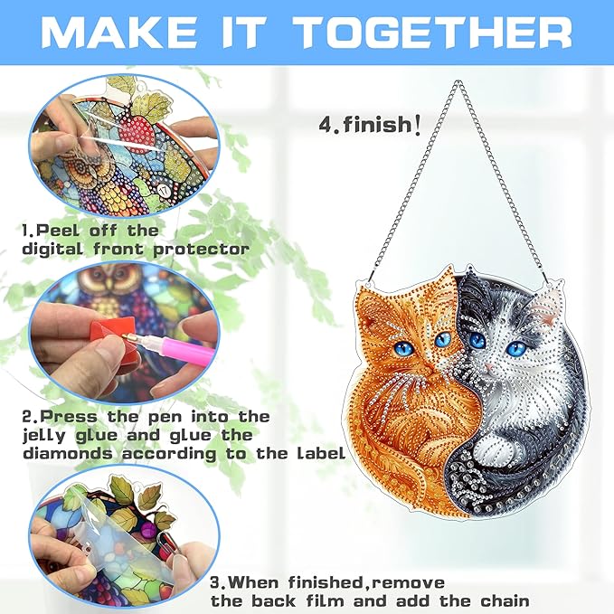 VAIIEYO Cat Diamond Art Hanging Ornament, Animal Diamond Painting Suncatchers Window Hanging Kit with Chain, 7.5x7.5 inch Crystal Pendant Art Craft for Gift Home Wall Front Door Decoration