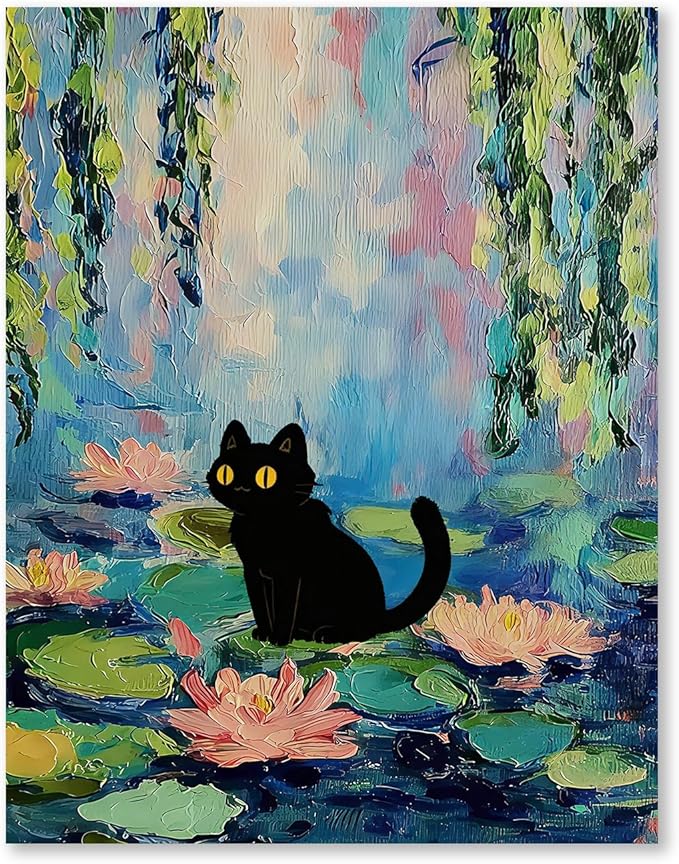 RLTXBUK Cat Cross Stitch Kits, Vintage Black Kitten Water Lily Flower Stamped Counted Cross Stitch Kits for Adults, Black Cat Mom Lovers Gifts for Women, 11.8x15.8 Inch