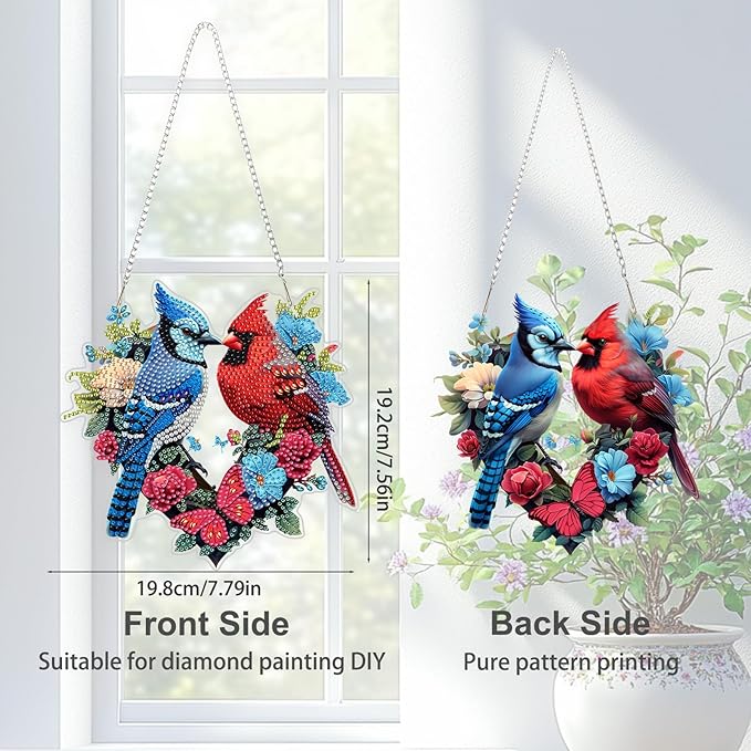 TOSTOG Bird Diamond Art Hanging Kits for Adults, Cardinal Bluebird Diamond Painting for Adults Window Pendant, Special Shape Diamonds Diamond Painting Hanging Pendant Kit for Decor Gift