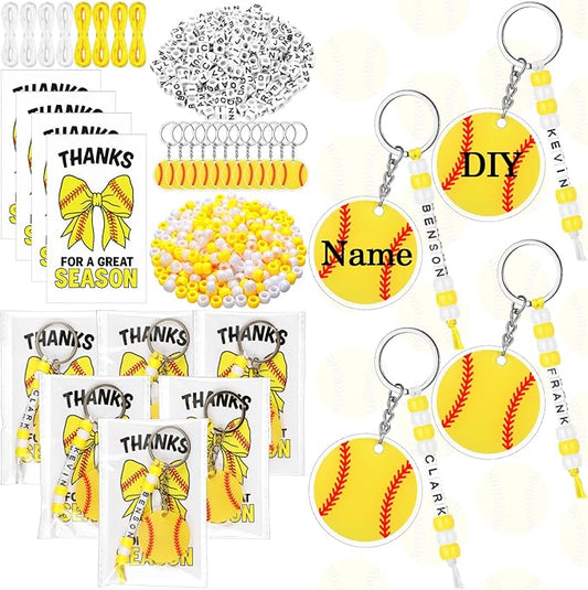 Suncalla 984 Pcs 24 Set Softball Keychain Making Kit DIY Ball Bag Tag Softball Party Favors Accessories Sport Key Chain Crafts Adjustable Name Beads Cards Strings Kit Senior Team Night Graduation Gift
