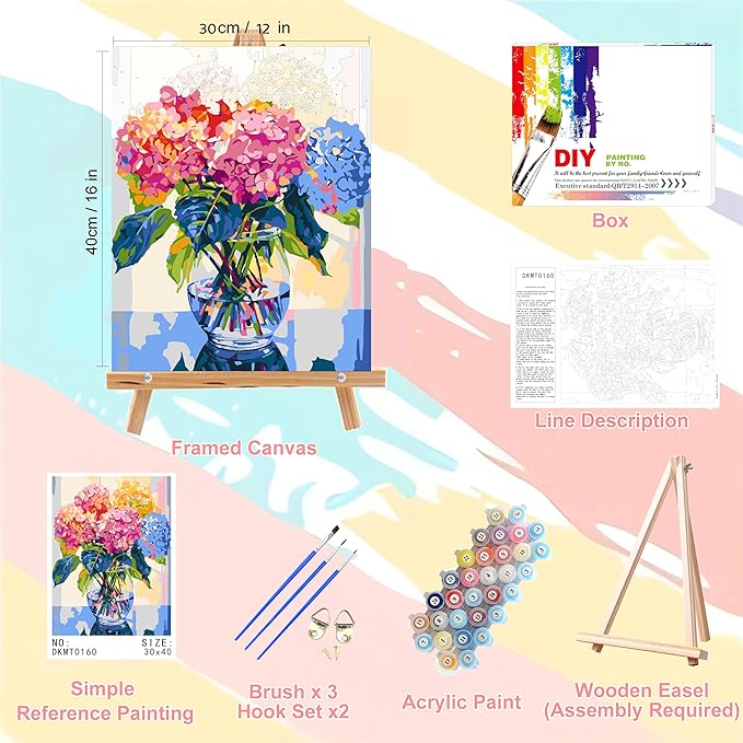 Hydrangea Paint by Numbers for Adults with Framed Canvas-with Wooden Easel,Vase Flower Paint by Number on Canvas,DIY Acrylic Oil Painting Kits with Brushes Nice Gift Box for Home Wall Decor(12x16inch)