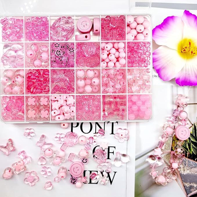 465Pcs Pink Series Acrylic Assorted Beads Flower Heart Star Smile Butterfly Mickey Candy Beads Pastel Beads Plastic Beads Cute Bead Round Beads Bulk for Bracelets Jewelry Making Necklaces DIY Crafts