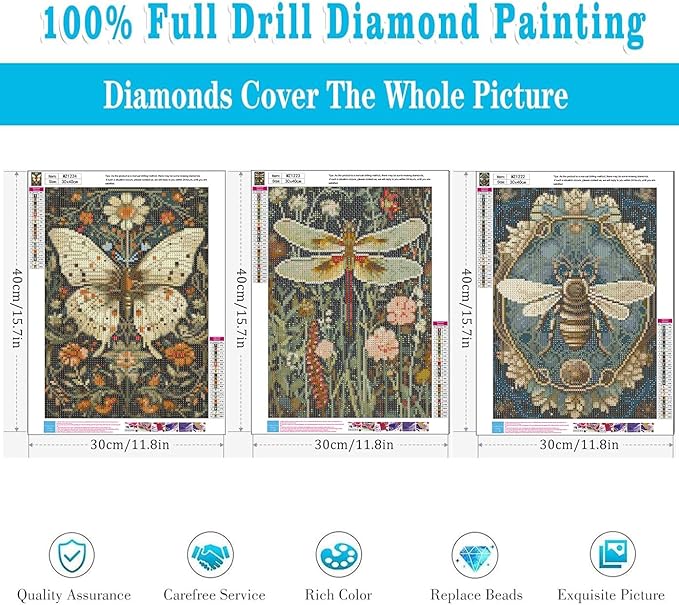 3 Pack Diamond Art Kits for Adults, Bee Diamond Painting Kits for Adults, 5D DIY Round Drill Gem Art Paint With Diamonds Dots Crafts Kits for Home Decor Gift 12x16inch (Bee Butterfly and Dragonfly)