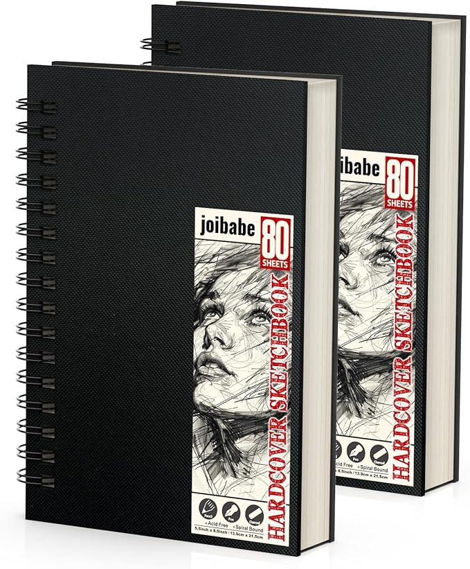 Joibabe 5.5" x 8.5" Sketch Book ，2 Pack 80-Sheets (68lb/100gsm)，Double-Sided Hardbound Sketchbook, Spiral Bound,Acid Free Paper Painting Drawing Writing Sketching Pad for Kids Adult Teens Girls Boys