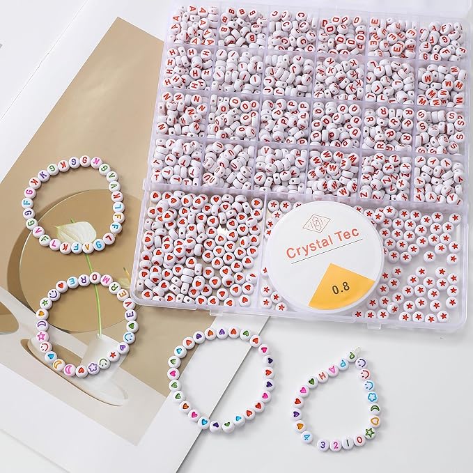 nikkiGuo 1250pcs 4x7mm White Round Acrylic Alphabet Beads A-Z Heart Beads with Numbers Crystal Line for Jewelry Bracelet, Necklace and Key Chains (Orange White Color)