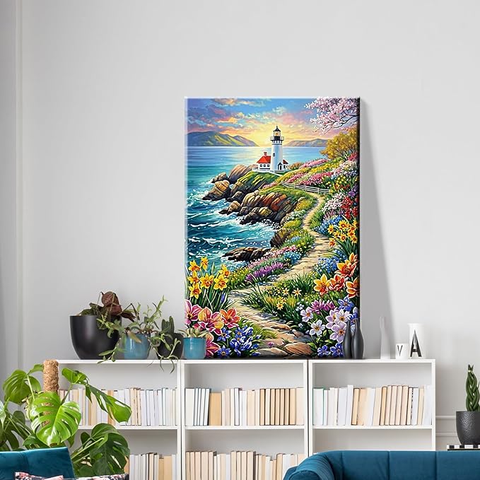 ATDMS Paint by Numbers Kits for Adult Framed DIY Seascape Paint by Number with Easel Sea Oil Painting by Number for Wall Hanging Home Room Decor 7.87x11.81 Inch