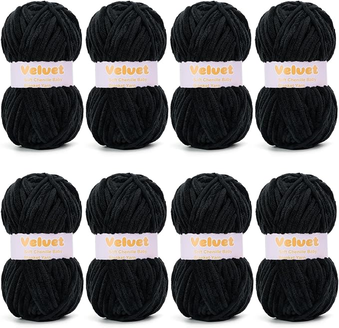 Velvet Yarn Chenille Yarn for Crocheting and Knitting Soft Chenille Bulky Baby Blanket Yarn DIY Weaving Craft 8pack Black(4oz 66yds Each)