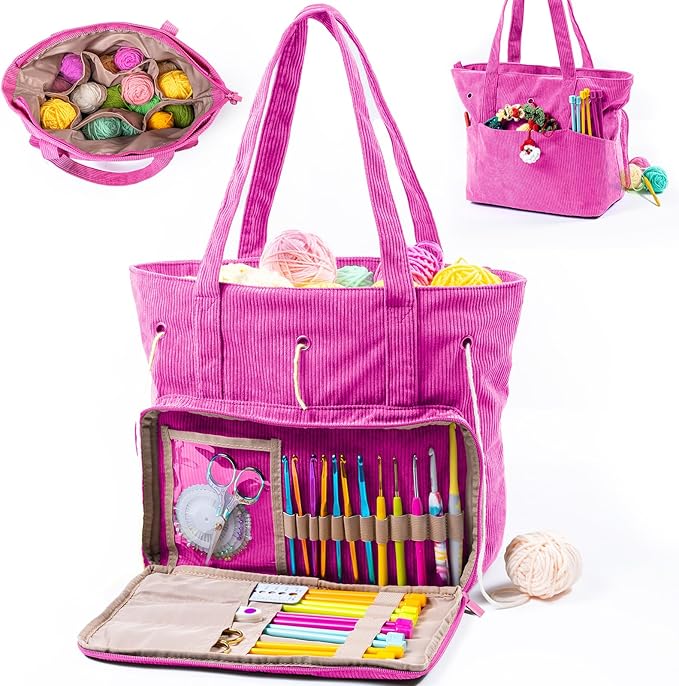Large Crochet Bag & Tote, Corduroy Yarn Organizer for Crocheting, Yarn Storage Bag for Hooks and Accessories, Knitting Tote for Crochet Lovers, Mother’s Day Gift
