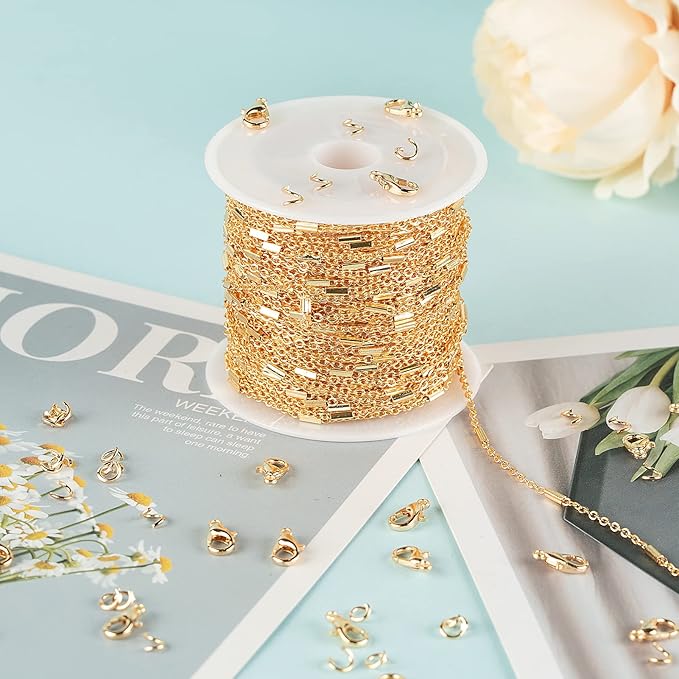 32.8ft 18K Gold Plated Jewelry Making Chain Bulk with 50pcs Jump Rings and 20pcs Lobster Clasps, Solid Brass Tube Bar Cable Link Chain Necklace Bracelet DIY Craft Chains
