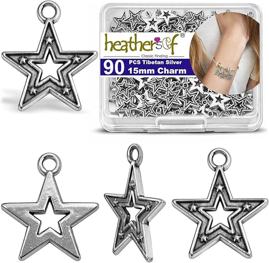 Heather's cf Celestial Beads Moon Charms Pendant Jewelry Making Earrings Necklace Bracelet Kit Findings Jump Rings Lobster Clasp Vintage Finish Plated Non Tarnish Look (Silver Star, 79-150Pcs)