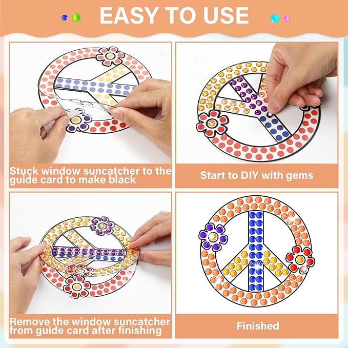 Qyeahkj 6 Pcs Groovy Arts and Crafts, Retro Art Crafts Boho Hippie Suncatcher Kits for Children at 6-8, 70s Groovy Dot Art DIY Diamond Painting Coloring Kits Window Clings Stickers for Kids