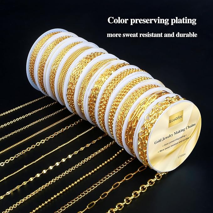ecoofor gold necklace chains for jewelry making, 95.1 feet 12 rolls jewelry chains for diy necklace bracelet jewelry making with jump rings/lobster clasps/connectors