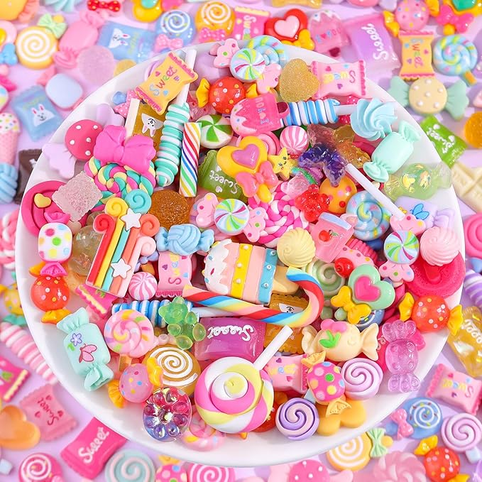 Fake Candy Charms 120PCS Cute Flatback Resin Charms For Slime, Random Kawaii Decoden Charm for Embellishments Slime Charm for Craft Phone Junk Case Charms Bulk Rainbow Lollipop, Scrapbooking DIY Decor