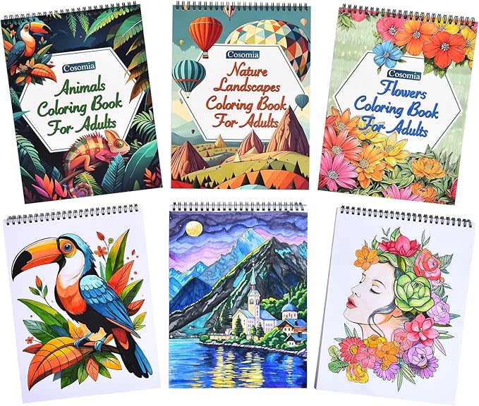 Cosomia Adult Coloring Books Set, 3 Fun Coloring Books for Adult Relaxation, 60 Pages of Flowers Nature Landscapes Animals, Brain Game for Adults