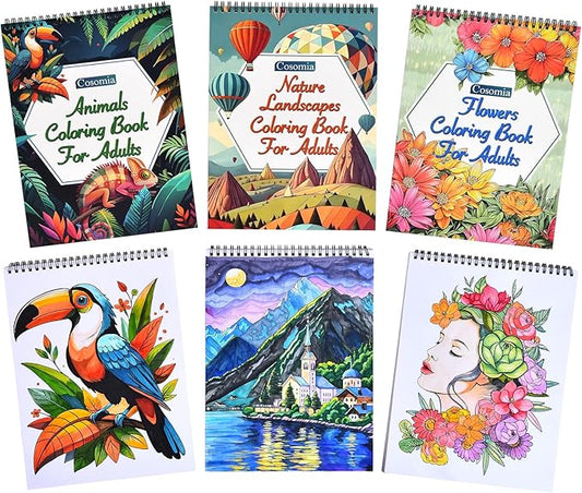 Cosomia Adult Coloring Books Set, 3 Fun Coloring Books for Adult Relaxation, 60 Pages of Flowers Nature Landscapes Animals, Brain Game for Adults