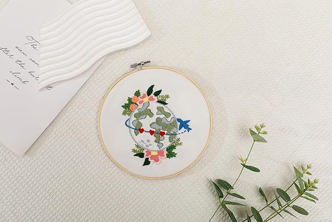 Looples Embroidery Kit for Beginners and Adults with Video Tutorials - Complete Embroidery Starter Kit with 3 Stamped Floral Patterns, Hoops, Threads, Needles, and Instructions (Car, Globe and Camera)