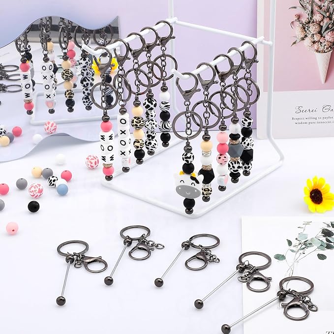 Tondiamo 24 Pcs Beadable Keychain Bars Bulk Beads for Keychain Making Kit Gifts for Women Men DIY Crafts(Gray)