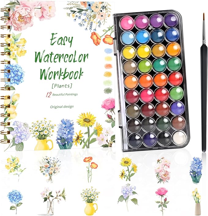 Watercolor Workbook，36 Colors Water Coloring Book Paint Set for Adults,12 Different Patterns of Original DIY Designs, Beginner-Friendly Watercolor Workbooks with Palette and Brush (Flower)