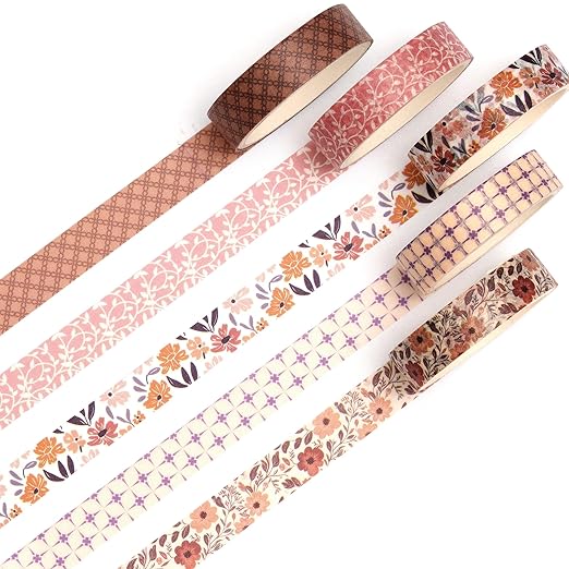 Fantasy Washi Tape Set - 5 Rolls Texture Arts Adhesive Tapes Basic Patterns Decorative Masking Tape Sets for Craft, Kids, Scrapbook, DIY, Gift Wrapping (8-Autumn Floral)