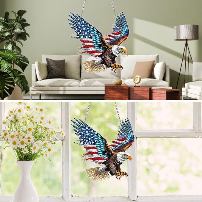 MXJSUA American Flag Bald Eagle Diamond Painting Art Window Suncatchers, Diamond Art Kits for Adults Hanging Ornaments with Chain, 5D Special Shape Crystal Diamond Pendant Accessories for Decor Gift