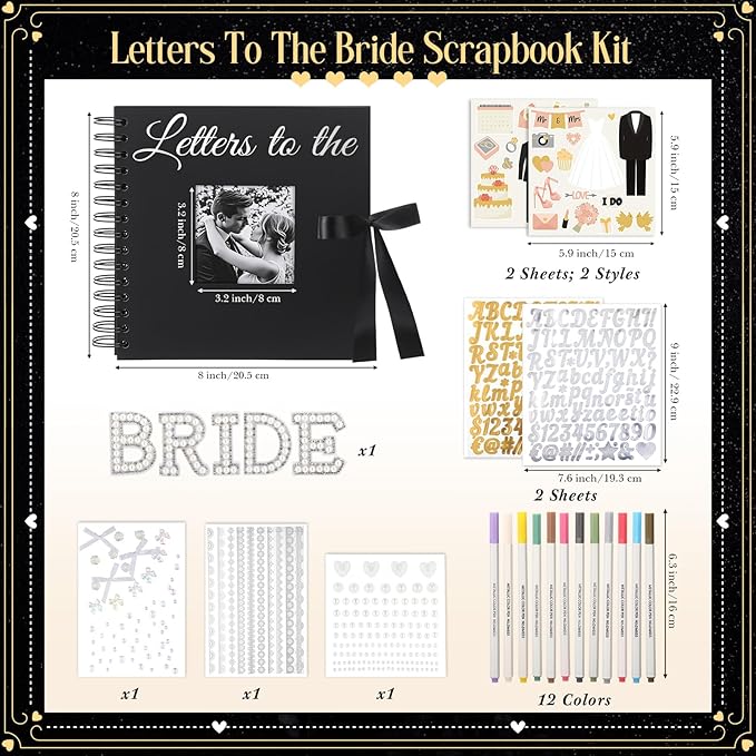 Letters To The Bride Scrapbook 8x8 Inch Bride Memory Book DIY Wedding Photo Album with Stickers and Markers for Wedding Engagement Bridal Shower Gifts Party Supplies, 40 Sheets (Bridal,Black)