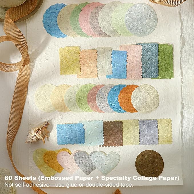 Embossed Textured Collage Paper Set, 80 Sheets Assorted Shapes - Vintage Scrapbook Junk Journal Layering Ephemera (Not Self-Adhesive)