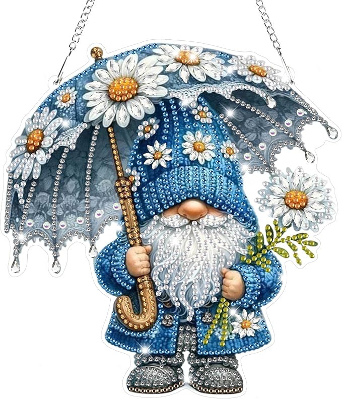 Bowetile Gnome Diamond Art Hanging Kits for Adults, 5D Special Shape Diamond Painting Daisy Pendant Kits, Gem Art Suncatchers Painting Window Ornament for Home Garden Wall Decor