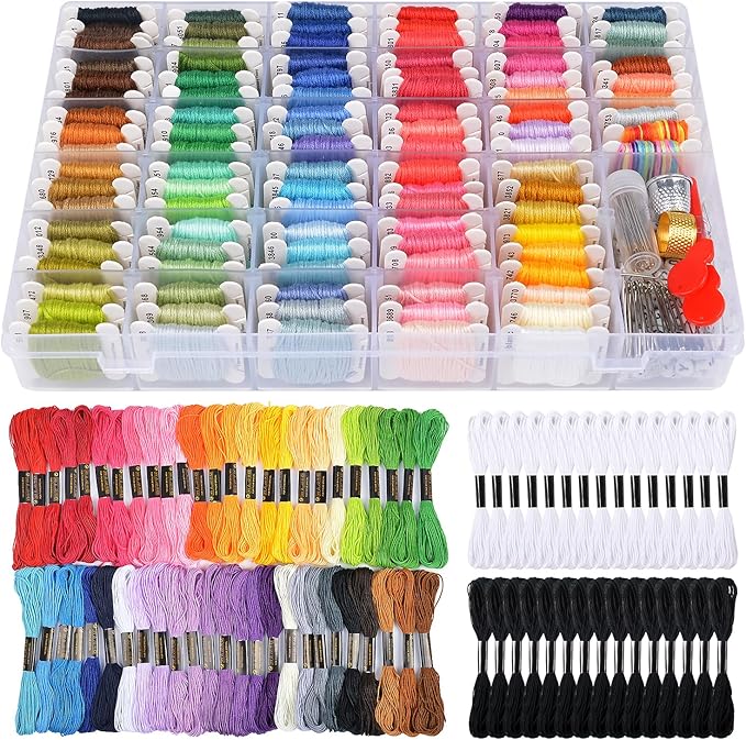 VICOVI Embroidery Thread Kit Including 150 Skeins Embroidery Floss 30 Skeins White & Black Thread 800 Beads 52Pcs Cross Stitch Tools for Friendship Bracelet String DIY