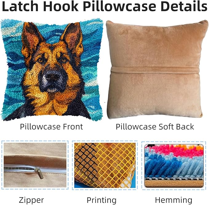 DIY Latch Hook Pillow Kits for Adults German Shepherd Dog Printed Pillowcase Crochet Yarns Hooking Handmade Pillow Cover Cushion for Home Sofa Decoration 17x17inch-1