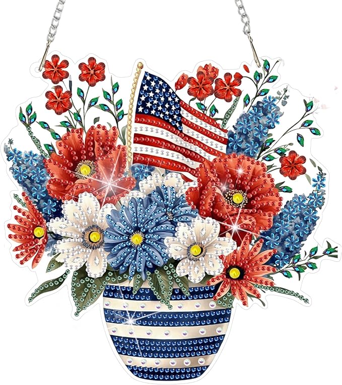 DOMROM 4TH of July Diamond Art Hanging Kit for Adult, Flower Diamond Art Hanging Kit, Patriotic DIY Diamond Art, Independence Day Diamond Hanging Pendant, Window Pendants Garden Wall Hanging Ornament