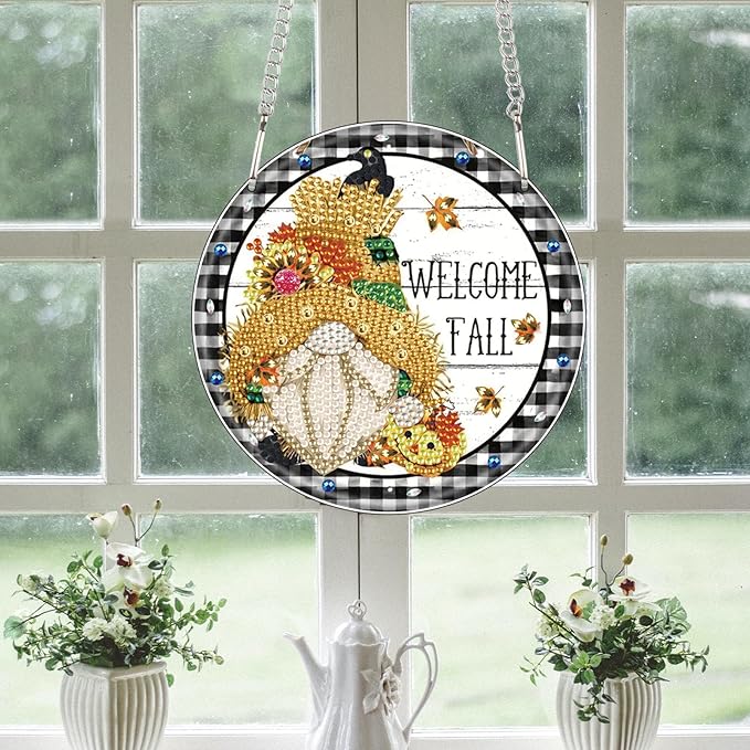 AiYuanzsh Welcome Fall Diamond Painting Hanging Kit, DIY Gnome Crystal Acrylic Pendant Ornament, 5D Diamond Art Hanging for Adults, Autumn Thanksgiving Wall, Window, Door Decoration
