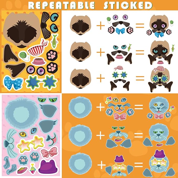 24 sheets cats make a face stickers make you own cats stickers animal sticker for kids, birthday gift party favors supplies teacher art craft, games school activity reward